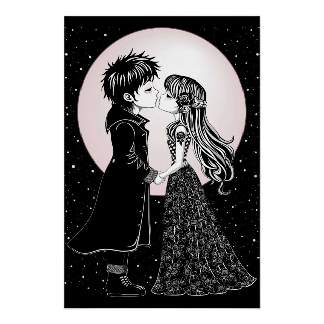Cute Gothic Emo Kids Kiss Valentine's Day  Poster (Front)