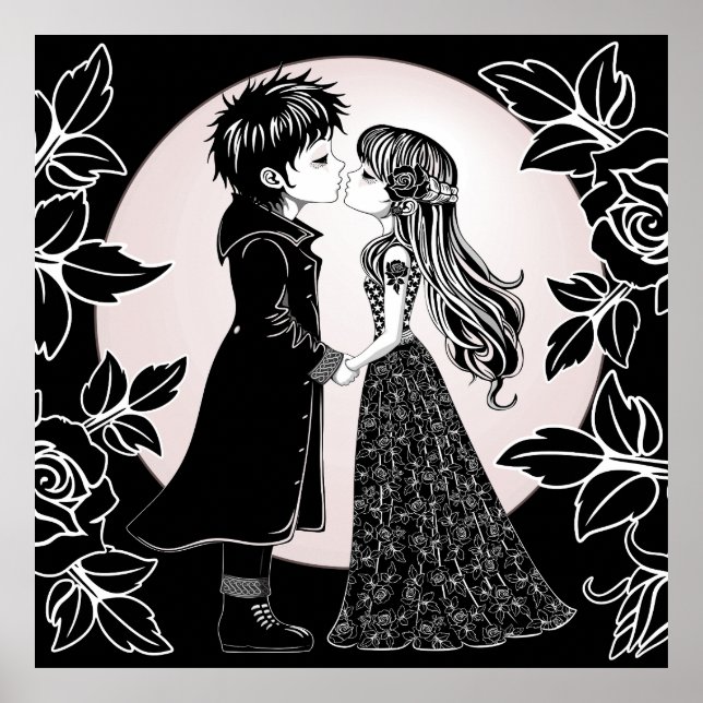 Cute Gothic Emo Kids Kiss Valentine's Day  Poster (Front)