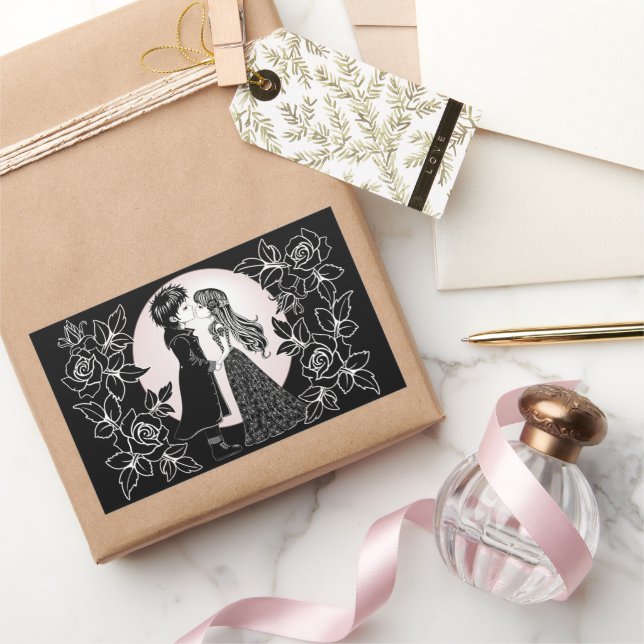 Cute Gothic Emo Kids Kiss Valentine's Day  Rectangular Sticker (Gifting)