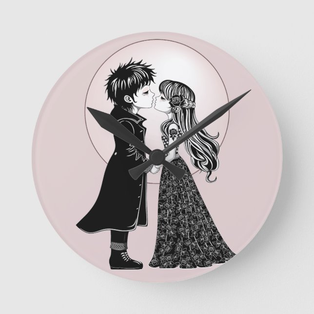 Cute Gothic Emo Kids Kiss Valentine's Day  Round Clock (Front)