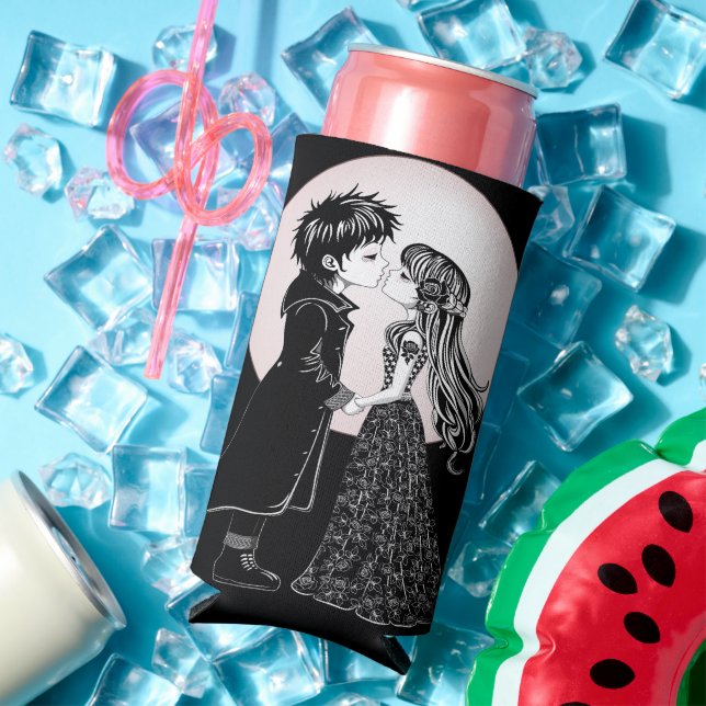 Cute Gothic Emo Kids Kiss Valentine's Day  Seltzer Can Cooler (In Situ Summer)