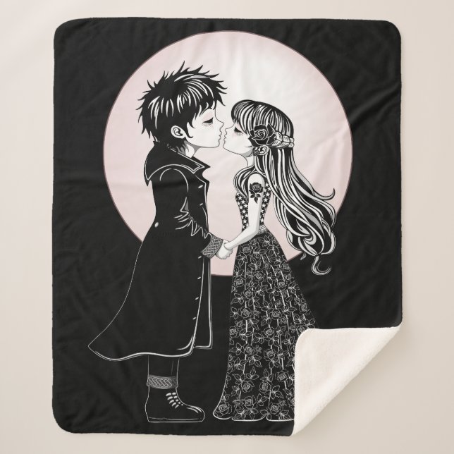 Cute Gothic Emo Kids Kiss Valentine's Day  Sherpa Blanket (Front)