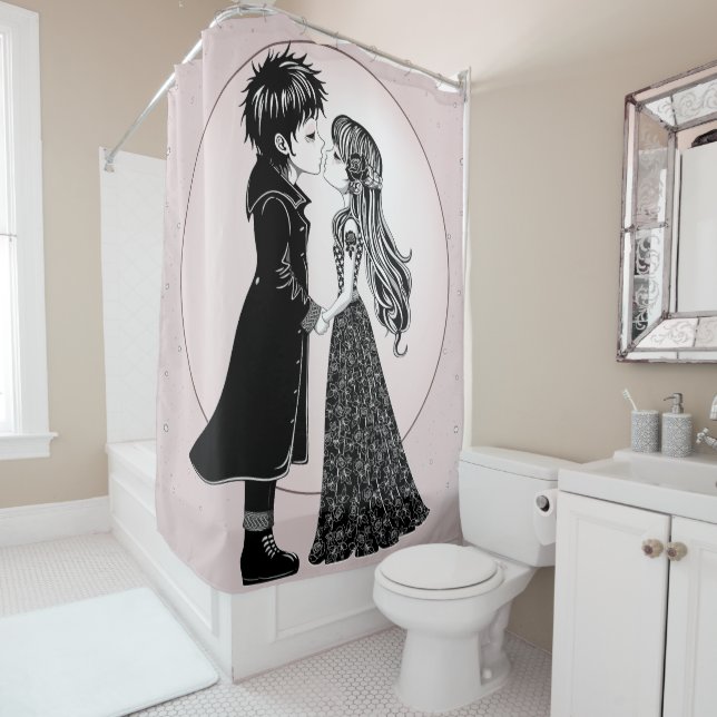 Cute Gothic Emo Kids Kiss Valentine's Day  Shower Curtain (In Situ)