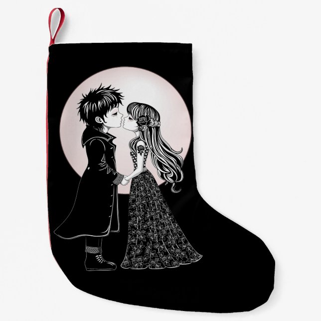 Cute Gothic Emo Kids Kiss Valentine's Day  Small Christmas Stocking (Front)