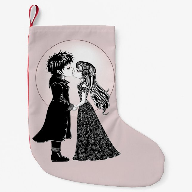 Cute Gothic Emo Kids Kiss Valentine's Day  Small Christmas Stocking (Front)