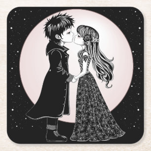 Cute Gothic Emo Kids Kiss Valentine's Day Square Paper Coaster