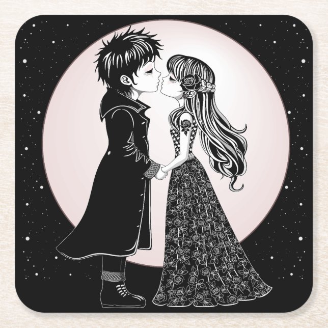 Cute Gothic Emo Kids Kiss Valentine's Day  Square Paper Coaster (Front)