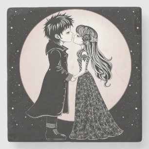 Cute Gothic Emo Kids Kiss Valentine's Day Stone Coaster