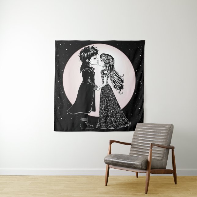 Cute Gothic Emo Kids Kiss Valentine's Day  Tapestry (In Situ)