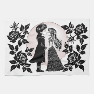 Cute Gothic Emo Kids Kiss Valentine's Day  Tea Towel