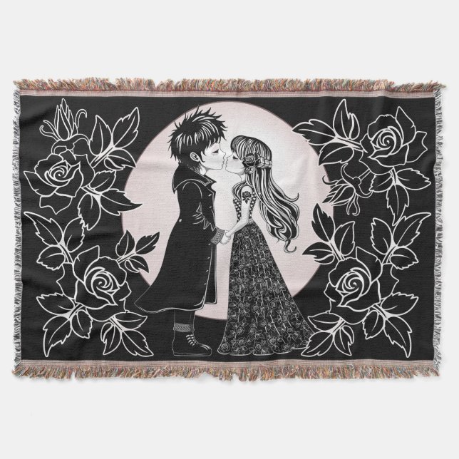 Cute Gothic Emo Kids Kiss Valentine's Day  Throw Blanket (Front)