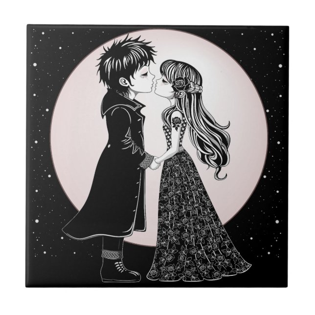 Cute Gothic Emo Kids Kiss Valentine's Day  Tile (Front)
