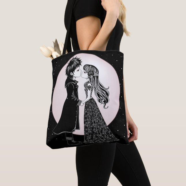 Cute Gothic Emo Kids Kiss Valentine's Day  Tote Bag (Close Up)