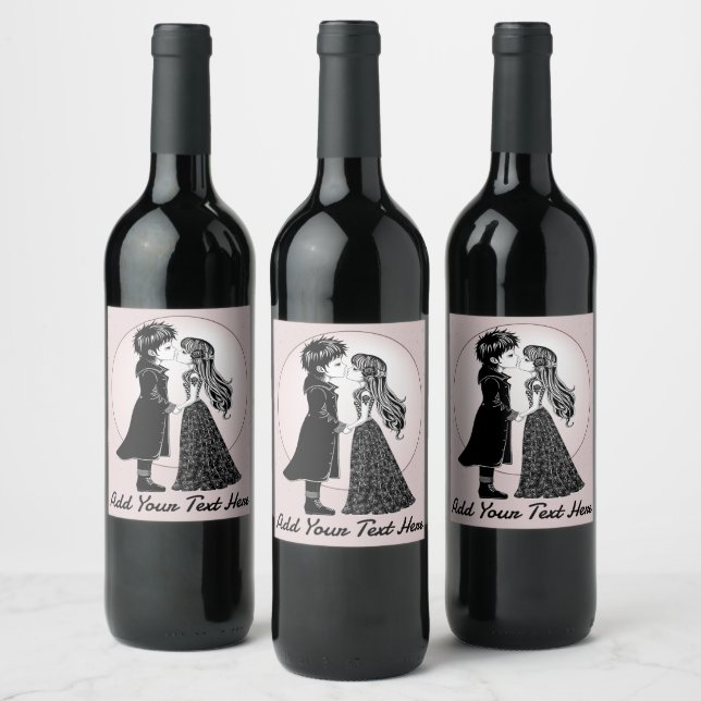 Cute Gothic Emo Kids Kiss Valentine's Day  Wine Label (Bottles)