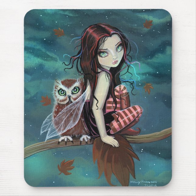Cute Gothic Fairy and Owl Fantasy Art Mouse Mat (Front)