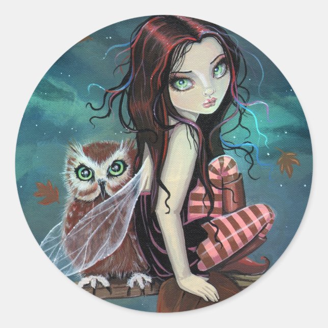 Cute Gothic Fairy and Owl Fantasy Art Stickers (Front)
