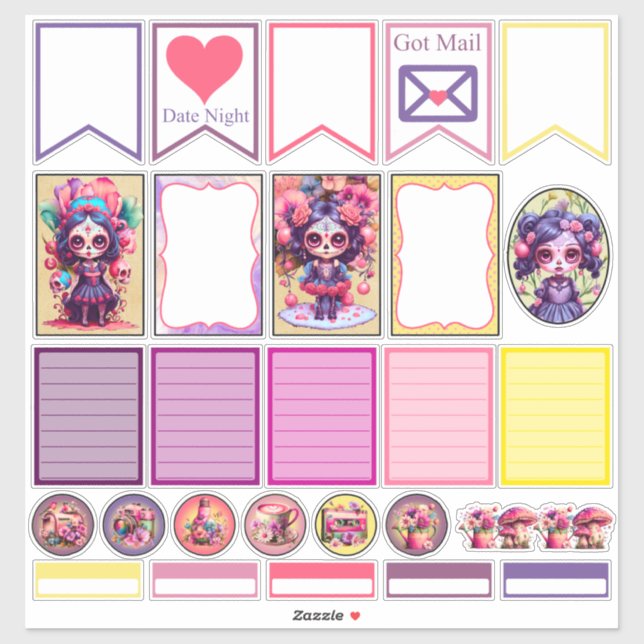 Cute Gothic Garden Sugar Skull 3 Planner Stickers (Sheet)