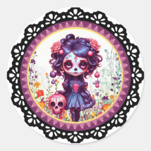 Cute Gothic Garden Sugar Skull  Classic Round Sticker