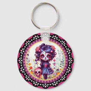 Cute Gothic Garden Sugar Skull  Key Ring
