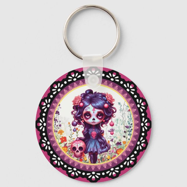 Cute Gothic Garden Sugar Skull  Key Ring (Front)