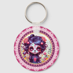 Cute Gothic Garden Sugar Skull Key Ring