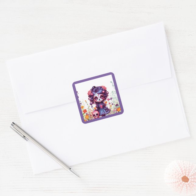 Cute Gothic Garden Sugar Skull  Square Sticker (Envelope)