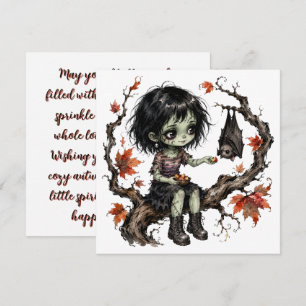 Cute Gothic Girl & Bat Halloween Greeting Card