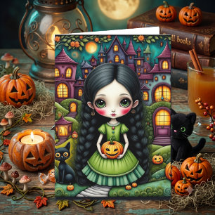Cute Gothic Girl Pumpkin Halloween Colouring Page Card