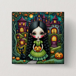 Cute Gothic Girl Pumpkin Halloween Village 15 Cm Square Badge