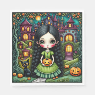 Cute Gothic Girl Pumpkin Halloween Village Napkin