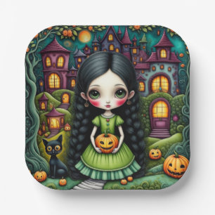Cute Gothic Girl Pumpkin Halloween Village Paper Plate