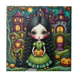 Cute Gothic Girl Pumpkin Halloween Village Tile