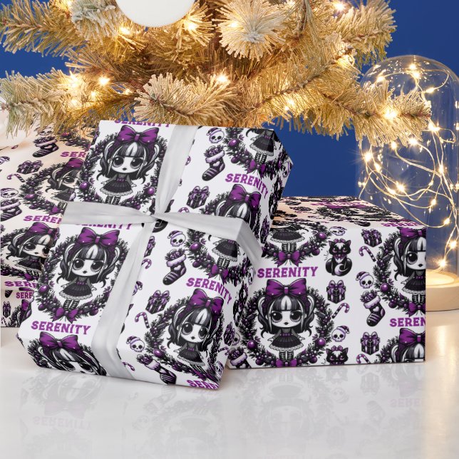 Cute Gothic Girl Purple Christmas Wrapping Paper (Holidays)
