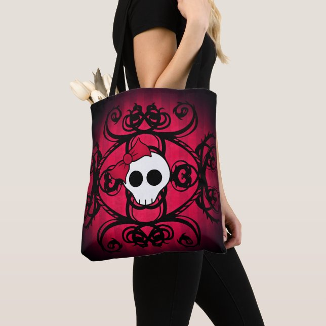 Cute Gothic girly skull with bow red and black Tote Bag (Close Up)