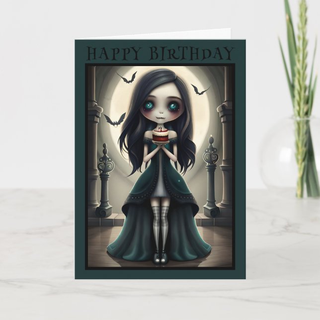 Cute gothic, goth girl Halloween birthday card  (Front)
