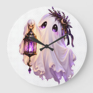 Cute Gothic Pastel Ghost Halloween Lantern Art Large Clock