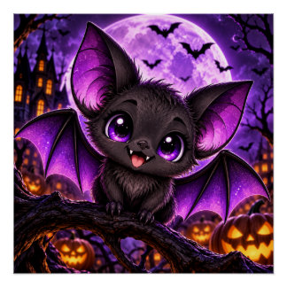 Cute Gothic Purple Bat Halloween Moon Poster