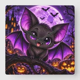 Cute Gothic Purple Bat Halloween Moon Square Wall Clock