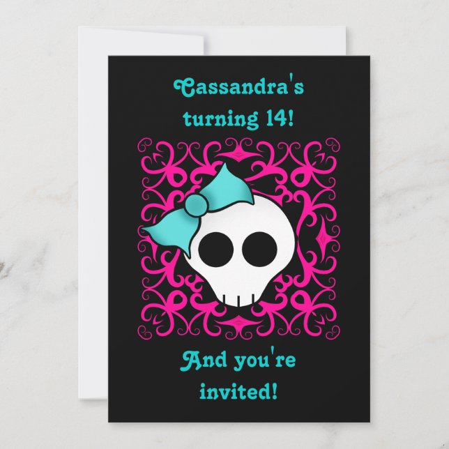 Cute Gothic skull birthday party for teen or tween Invitation (Front)