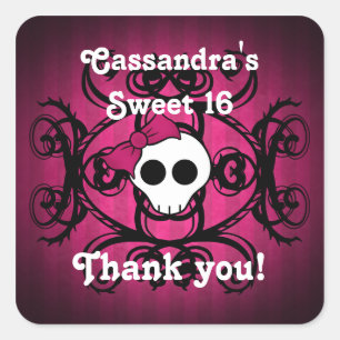 Cute gothic skull fuschia and black sweet 16 square sticker