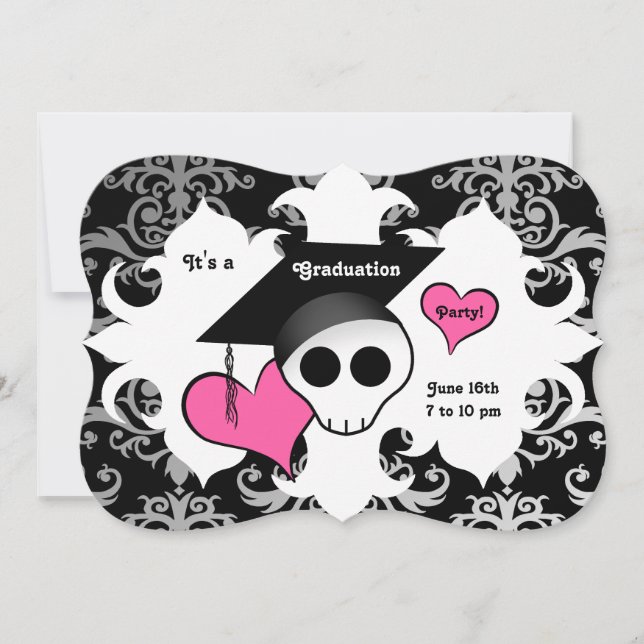 Cute gothic skull graduation party invitation (Front)