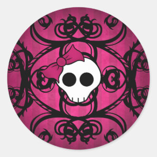 Cute gothic skull on fuschia and black classic round sticker