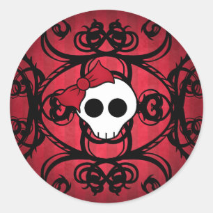 Cute gothic skull on red and black classic round sticker