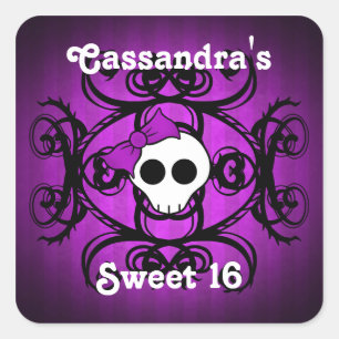 Cute gothic skull purple and black sweet 16 square sticker