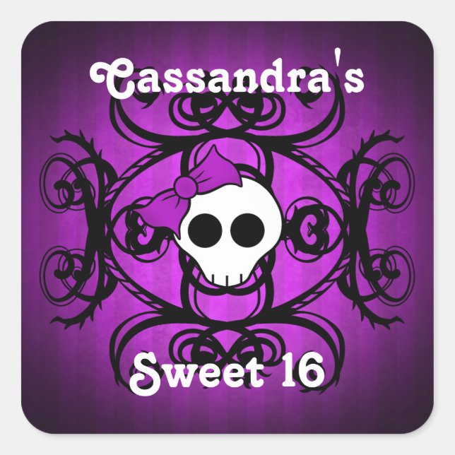 Cute gothic skull purple and black sweet 16 square sticker (Front)