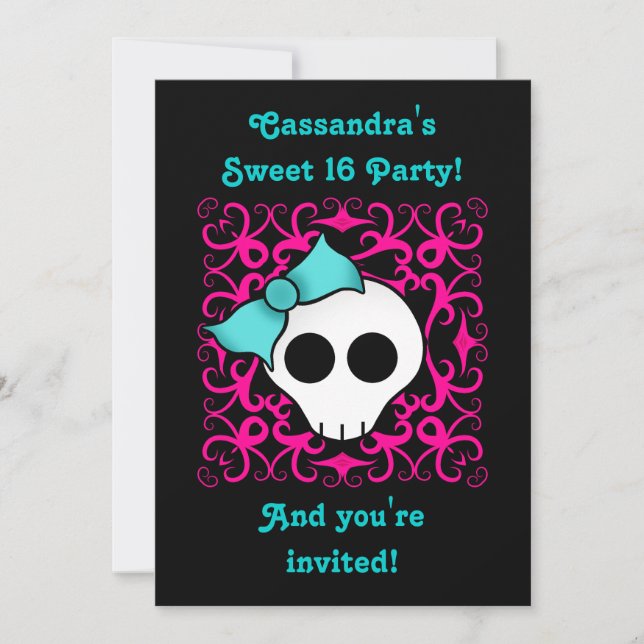 Cute gothic skull sweet 16 birthday party invitation (Front)