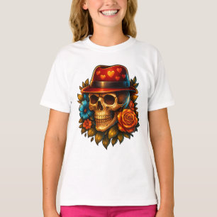 Cute Gothic Skull with Heart Hat – Kids’ Halloween T-Shirt