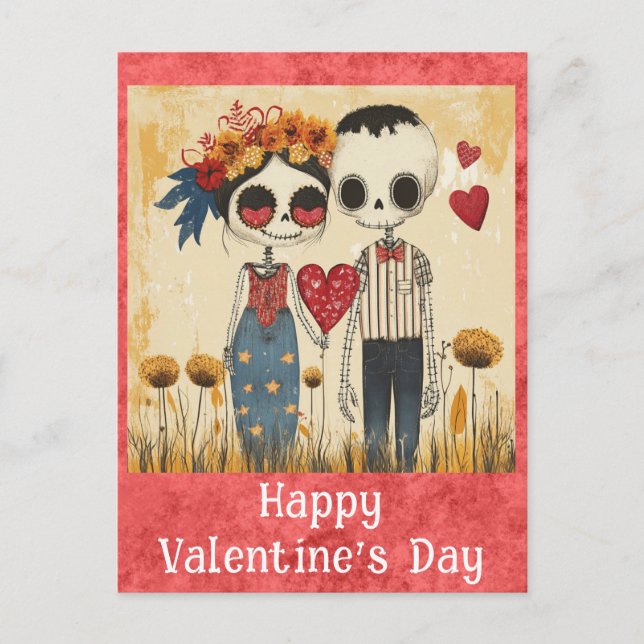 Cute Gothic Valentines Day Skeleton Couple Postcard (Front)