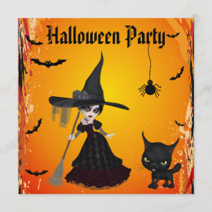 Cute Gothic Witch & Cat Halloween Party Invitation