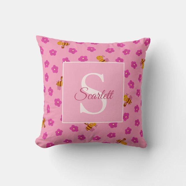 Cute Gouache Bee & Flowers Monogram Name Cushion (Front)